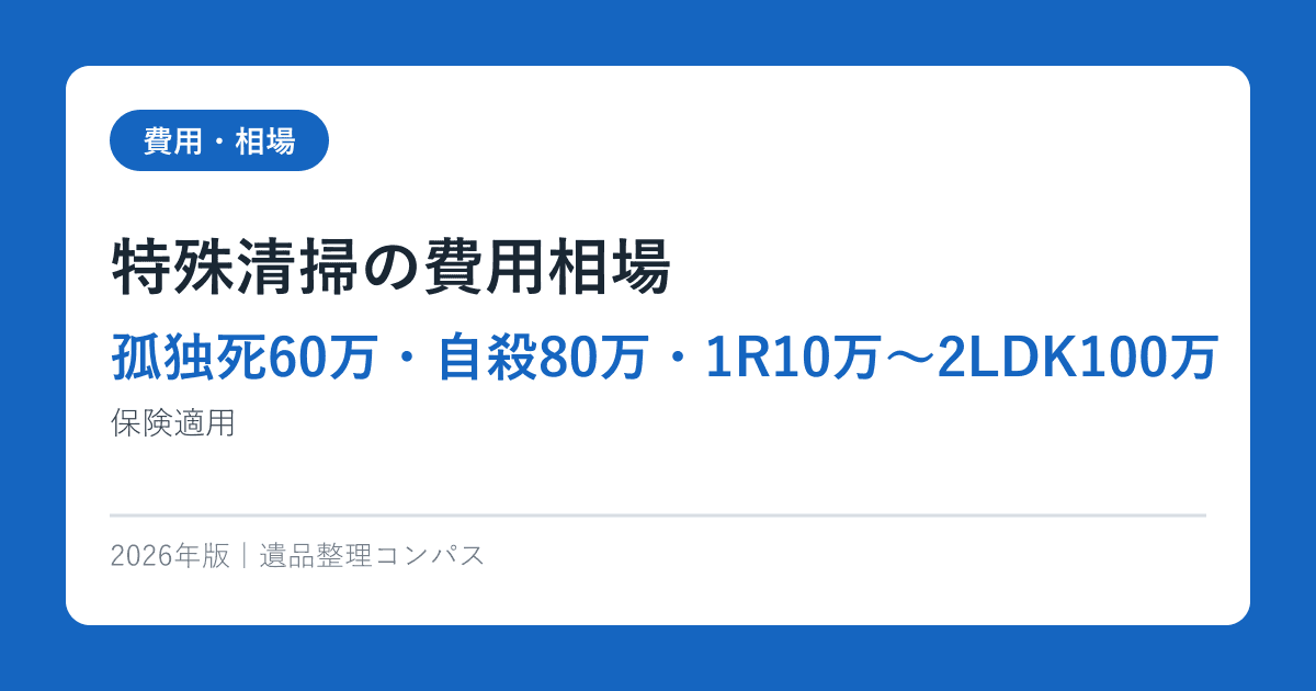 特殊清掃の費用相場【孤独死60万・自殺80万・1R10万〜2LDK100万】保険適用2026年
